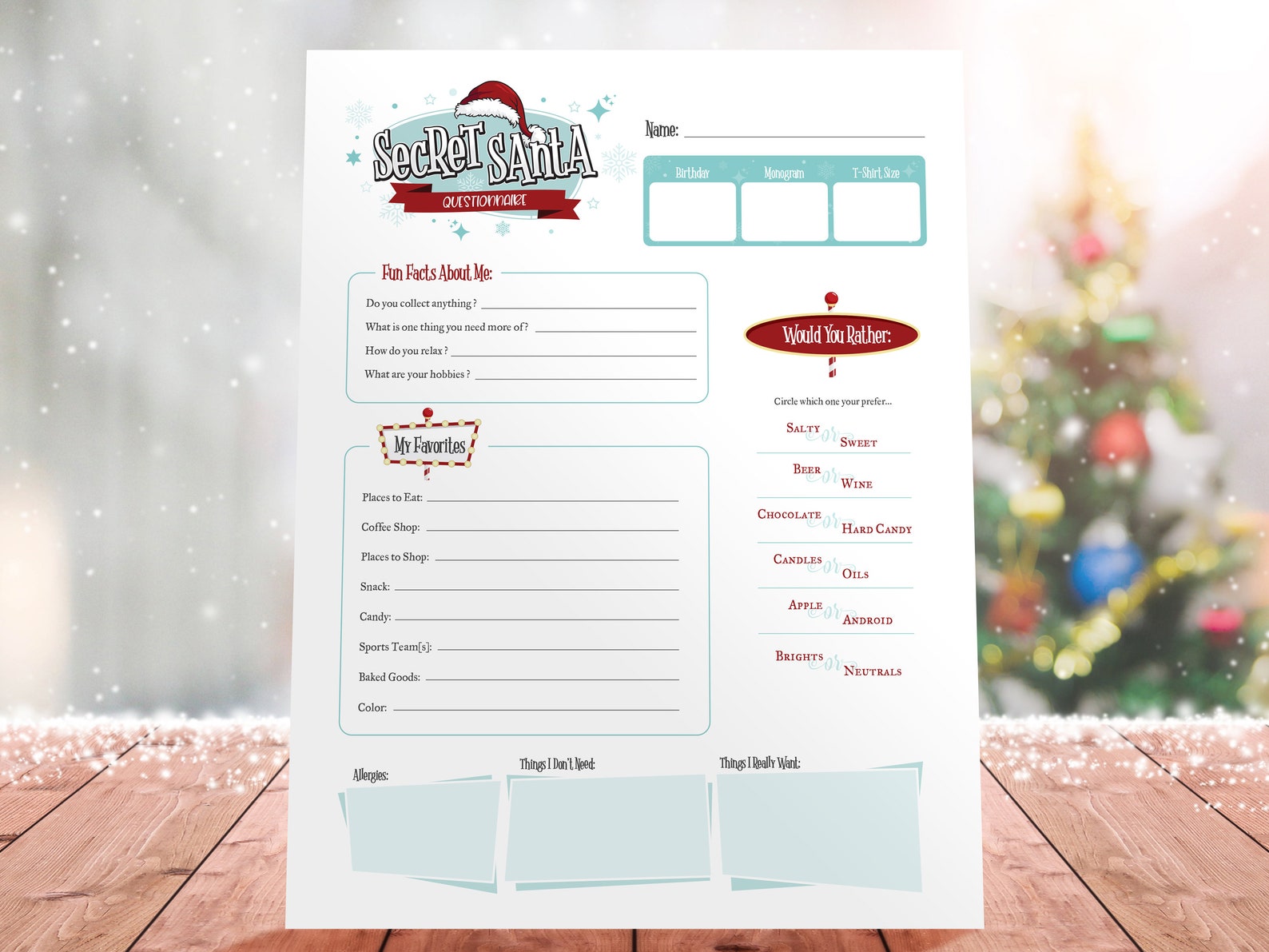 Secret Santa Printable Questionnaire for Gift Exchange Etsy