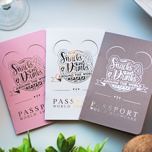 Snacks and Drinks Around The World Passport Booklet with Lanyard For World Showcase | Rose Gold Silver Foil Drink Pass Port Brown Pink White