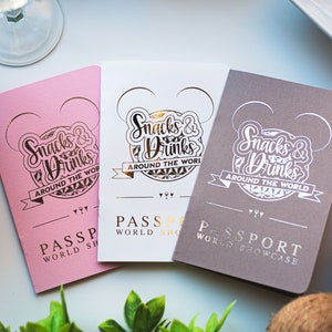 Snacks and Drinks Around The World Passport Booklet with Lanyard For World Showcase | Rose Gold Silver Foil Drink Pass Port Brown Pink White