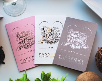 Snacks and Drinks Around The World Passport Booklet with Lanyard For World Showcase | Rose Gold Silver Foil Drink Pass Port Brown Pink White