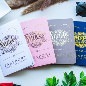 Snacks Around The World Passport Booklet Kid Friendly with Lanyard For World Showcase | Rose Gold Silver Foil Pass Port Brown Pink White