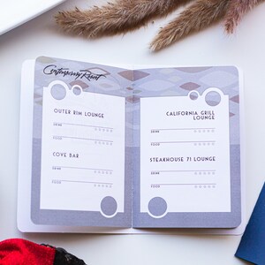 May include: A grey and white booklet with the text "Contemporary Resort" at the top. The booklet lists the names of restaurants and bars at the resort, including "Outer Rim Lounge", "Cove Bar", "California Grill Lounge", and "Steakhouse 71 Lounge".