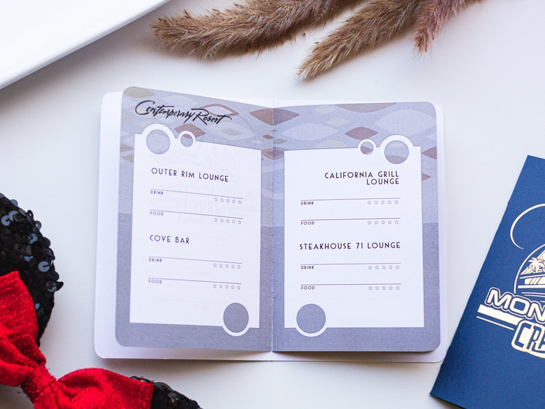 May include: A grey and white booklet with the text "Contemporary Resort" at the top. The booklet lists the names of restaurants and bars at the resort, including "Outer Rim Lounge", "Cove Bar", "California Grill Lounge", and "Steakhouse 71 Lounge".