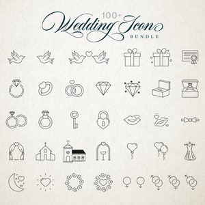May include: A set of 100+ wedding icons in a black and white line art style. The icons include doves, rings, hearts, gifts, a church, a bow tie, a dress, and more.