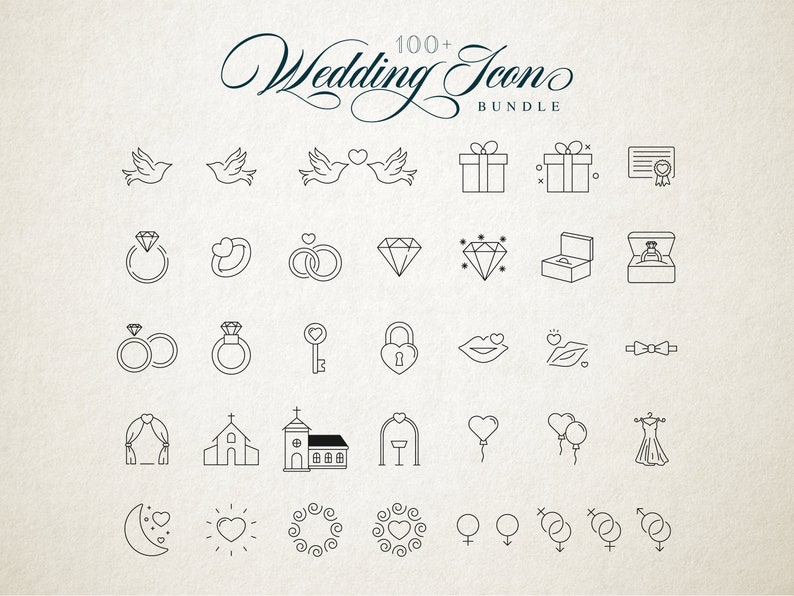 May include: A set of 100+ wedding icons in a black and white line art style. The icons include doves, rings, hearts, gifts, a church, a bow tie, a dress, and more.