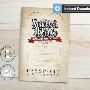 May include: A passport-style document with the title "Snacks & Drinks Around the World" in a decorative font. It features space for traveller details and is labelled "Passport World Showcase". Includes "Instant Download" and "Print At Home" icons.