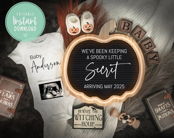 May include: A Halloween-themed baby announcement with a wooden pumpkin-shaped sign that reads "We've been keeping a spooky little secret arriving May 2025". The sign is surrounded by a white blanket, a baby onesie, a book titled "A Guide to Fears and Phobias", wooden blocks spelling "BABY", and a small wooden sign that reads "Beware the Witching Hour".