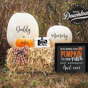 Fall Pregnancy Announcement Digital for Instagram Editable Little Pumpkin Patch Sibling | Baby Reveal Gender Neutral Yellow Orange Halloween