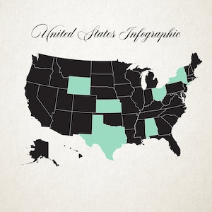 May include: A map of the United States with the states of Washington, Idaho, Montana, Wyoming, Colorado, New Mexico, Texas, Oklahoma, Arkansas, Missouri, Illinois, Michigan, New York, Vermont, New Hampshire, and Maine highlighted in a light green color.
