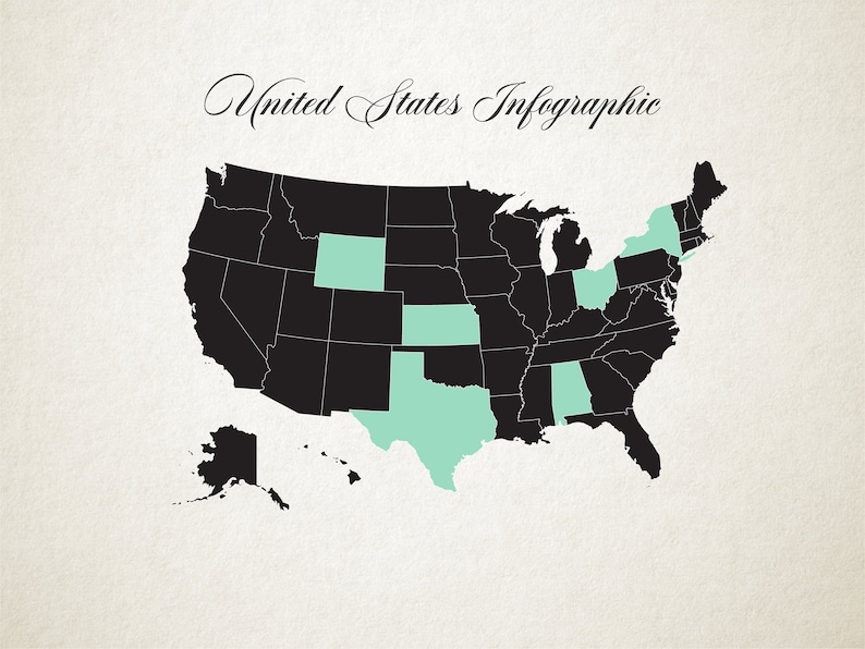 May include: A map of the United States with the states of Washington, Idaho, Montana, Wyoming, Colorado, New Mexico, Texas, Oklahoma, Arkansas, Missouri, Illinois, Michigan, New York, Vermont, New Hampshire, and Maine highlighted in a light green color.