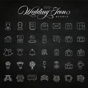 May include: A black and white illustration of 100+ wedding icons on a chalkboard background. The icons include a couple, rings, flowers, a cake, a car, a church, and more.