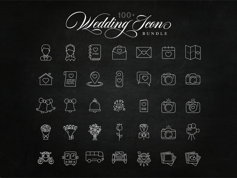 May include: A black and white illustration of 100+ wedding icons on a chalkboard background. The icons include a couple, rings, flowers, a cake, a car, a church, and more.
