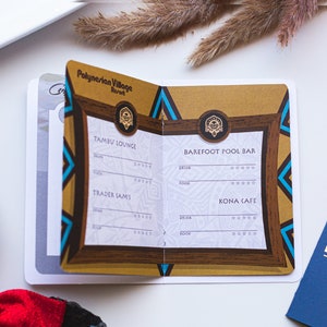 May include: A brown and gold card with a list of restaurants at the Polynesian Village Resort. The restaurants listed are Tambu Lounge, Trader Sam's, Barefoot Pool Bar, and Kona Cafe.