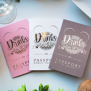 Drinks Around The World Passport Booklet with Lanyard For World Showcase | Card Rose Gold Silver Foil Drink Pass Port Brown Pink White