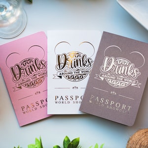 Drinks Around The World Passport Booklet with Lanyard For World Showcase | Card Rose Gold Silver Foil Drink Pass Port Brown Pink White