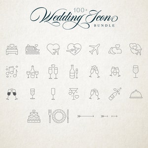 May include: A set of 24 line art wedding icons, including a bed, a cruise ship, a plane, champagne flutes, a cake, and a plate with a fork and knife. The icons are in black and white and are arranged in a grid.