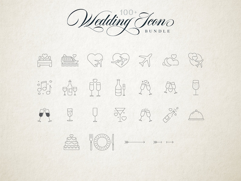 May include: A set of 24 line art wedding icons, including a bed, a cruise ship, a plane, champagne flutes, a cake, and a plate with a fork and knife. The icons are in black and white and are arranged in a grid.