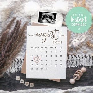Calendario digital de anuncios de embarazo Género Neutral Boho Instagram Embarazo Bebé Redes Sociales Editable, Tablero de cartas simple Revelación rústica
