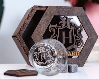 Personalized Whiskey Glass Set: Engraved Bourbon Glass, Coasters & Stones