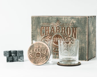 Personalized Whiskey Glass Set: Engraved Bourbon Glasses, Coasters & Stones