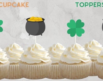 St. Patrick's Day Shamrock & Gold Pot Cupcake Toppers, Green, Gold, Black