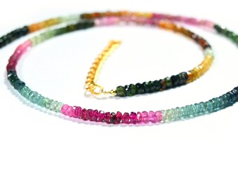 Handmade Watermelon Tourmaline Beaded Necklace, Rainbow Gemstone Rondelle, 18 Inch