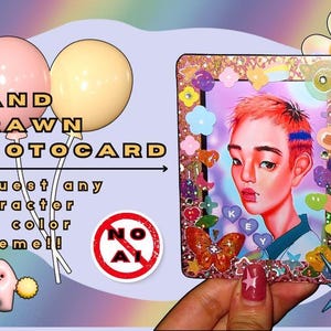 Tarjetas fotográficas personalizadas dibujadas a mano polco + toploaders para personajes de dibujos animados de anime ídolos del kpop.
