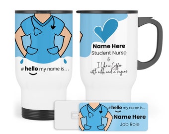 Hello My Name is Badge & Travel Mug -Name Badge, Nurse Badge Scrubs Name Badge, Perfect NHS Name Badge. Personalised Nurse Mug + Name Badge