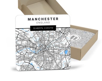 Manchester Map Coasters, Manchester Art, England Manchester Map Coasters, Coasters, Travel Gift, Housewarming Gift