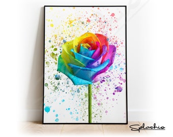 Rainbow Rose Art Print: Modern Floral Splash Art
