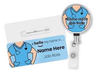 Hello My Name is Badge with ID Badge Reel Personalised Durable Name Badge #hello mynameis Badge, Nurse Badge, Nurse Badge, Blue Scrubs Badge