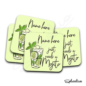 Mojito Set of 4 Coasters Cocktail Personalised Coaster, Fathers Day gift, Christmas Coaster, Secret Santa, Birthday Gift, Home Bar.