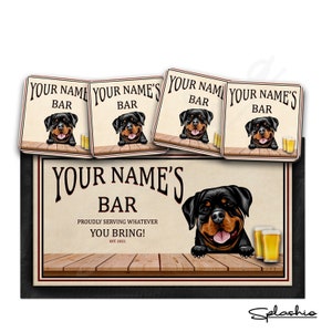 Personalised Dog Bar Runner Mat, Dog Sign & 4 x Drinks Coasters Gift Set Garden Bar Sets / Custom Beer Mats Home Bar, personalised bar mat