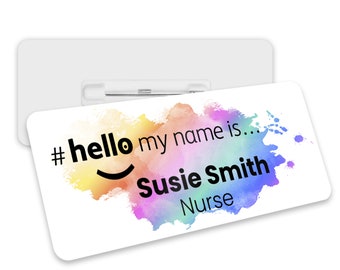 Hello My Name is Badge Rainbow Splash with ID Badge Reel Personalised Durable Name Badge #hello mynameis Badge, Nurse Badge, Nurse Badge