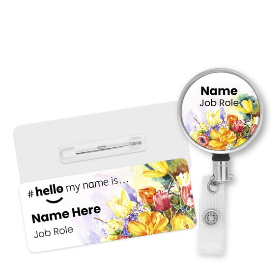 Hello My Name is Badge Floral With ID Badge Reel Personalised