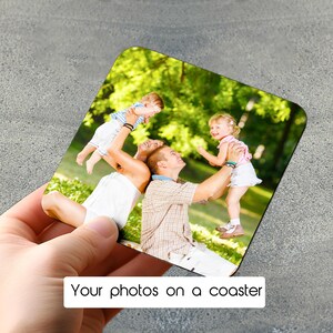 May include: Square coaster featuring a family photo with a green background. The coaster has a white rectangular text box at the bottom that reads "Your photos on a coaster". The image shows a family of four, with two parents and two children.