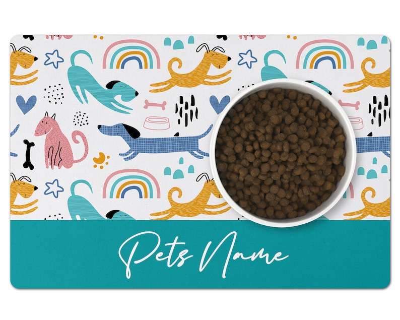 May include: White pet bowl with brown kibble on a white and teal pet mat with a colorful dog and rainbow pattern. The mat has the text "Pets Name" in white.