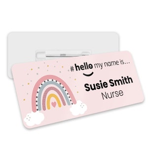 Name Badge - Pink Rainbow Personalised Hello My Name is Name Badge - Student Nurse Doctor Midwife Hospital NHS Nursery, work Name Badge