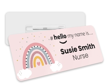 Insignia de nombre - Arco iris rosa personalizado Hola Mi nombre es insignia de nombre - Estudiante Enfermera Doctora Partera Hospital NHS Guardería, insignia de nombre de trabajo