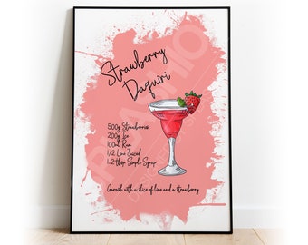 Strawberry Daiquiri Recipe Art Print: Cocktail Illustration