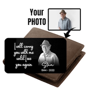 Portefeuille en métal commémoratif | Photo souvenir personnalisée en noir et blanc | « Je vous emporterai avec moi » | Carte portefeuille photo commémorative en aluminium