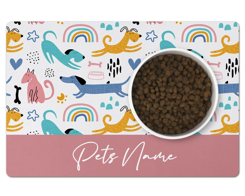 May include: White dog bowl with brown kibble on a pink and white dog bowl mat with a rainbow, stars, and dog illustrations. The mat has the text "Pets Name" in pink.