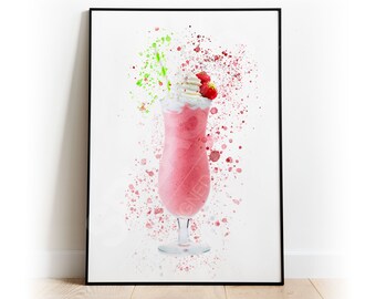 Strawberry Milkshake Splatter Art Print: High Gloss Home Bar Decor
