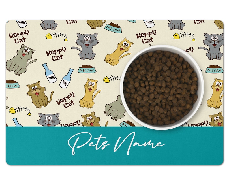 Cat Bowl Mat Personalised Pet Bowl Mat Customised Bowl Mat Aqua