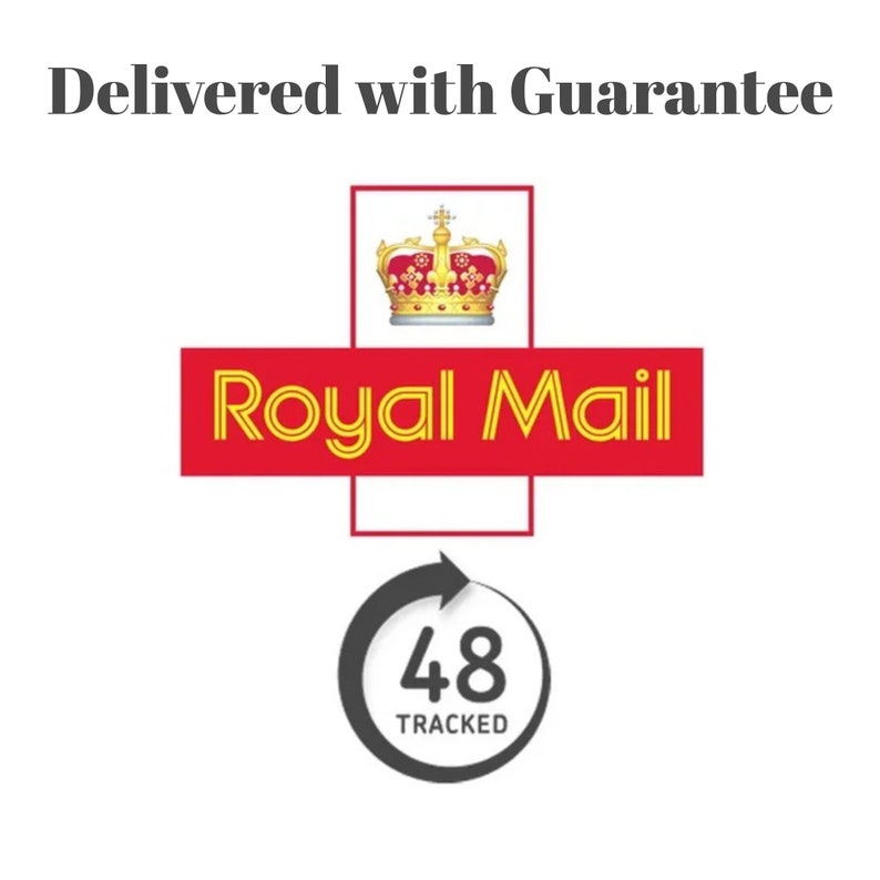 May include: A red and yellow Royal Mail logo with a gold crown above it. Below the logo is a black circle with a white arrow pointing clockwise and the text "48 TRACKED".