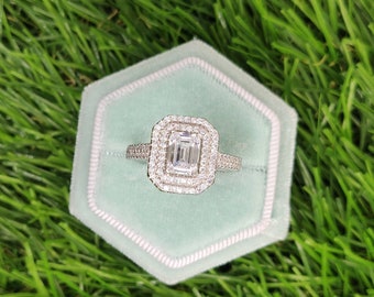 925 Silver Art Deco Double Halo Emerald Cut Diamond Engagement Ring - Solitaire Ring - Emerald Cut Double Halo Ring- Lab diamond ring H9