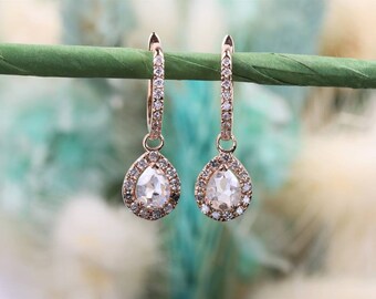 18k gouden Caitlyn-minimalistisch, diamanten hanger, halo effenen diamantdruppel, studs Huggies hoepels, perfecte bruiloft oorbellen, bruidscadeaus, H151