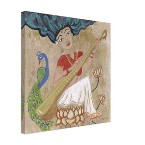 Goddess Saraswati Canvas Print - Goddess of Art, Music, Literature Painting (8&quot; x 8&quot;, 12&quot;x 12&quot; , 16&quot; x 16, 20&quot; x 20&quot;, 24&quot; x 24&quot;)&quot;