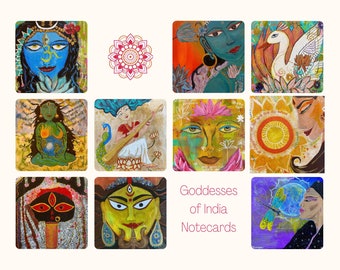 Notecards of India Goddesses | Set of 10 Deity Greeting Cards | Lakshmi, Saraswati, Durga, Kali, Tara