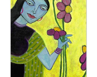Yellow Woman Floral Art Print: Colorful Modern Pop Art Poster